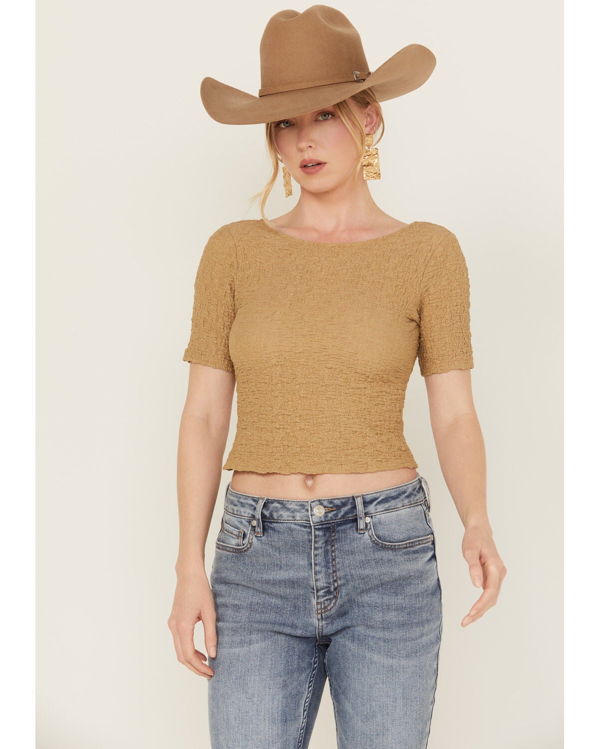 Sadie & Sage Women's Smocked Cropped Tee, Taupe, hi-res