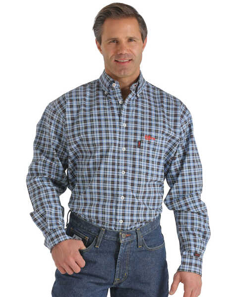 Cinch Men's WRX Flame-Resistant Navy Plaid Long Sleeve Work Shirt , Blue, hi-res