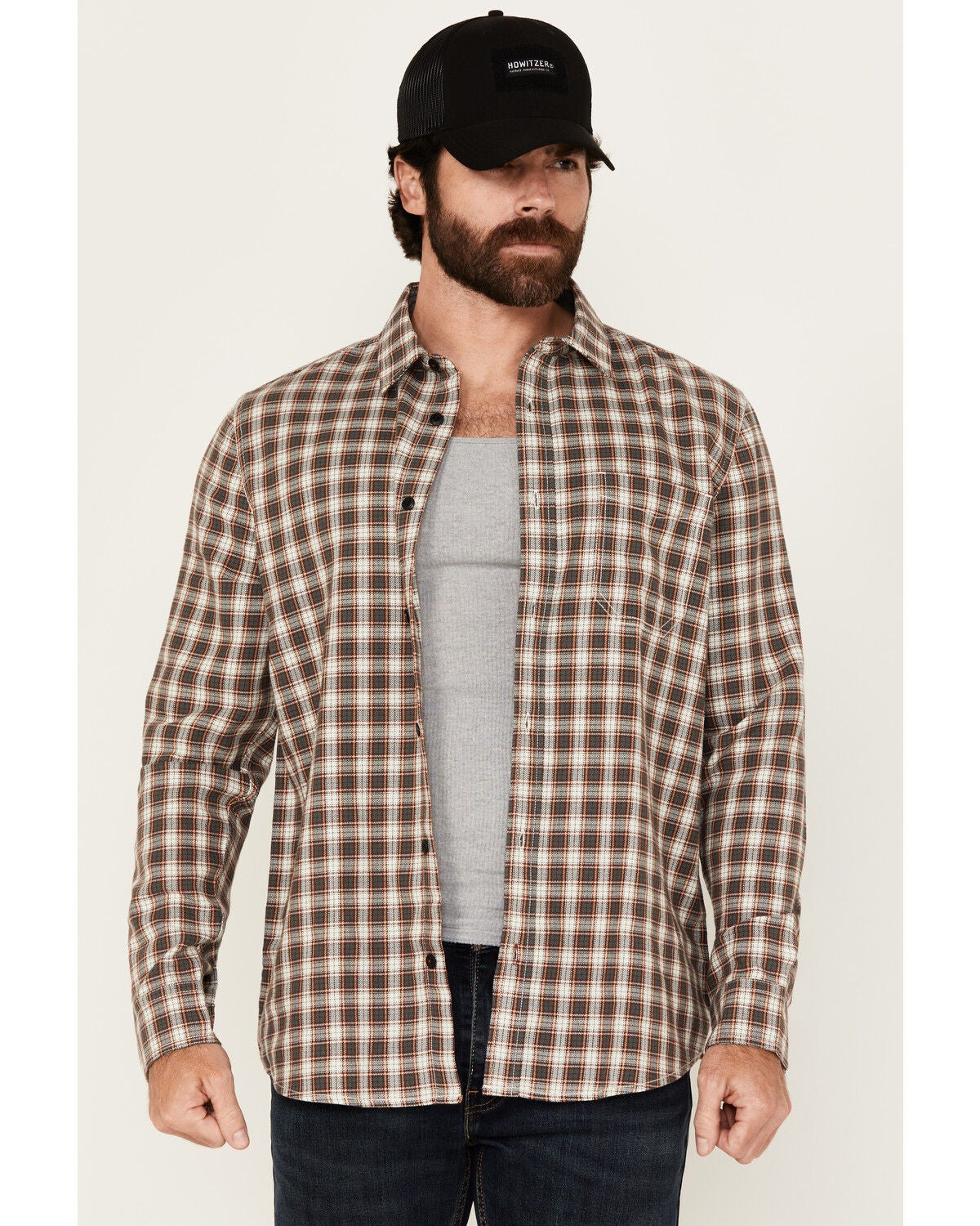 Image #1 - Brothers and Sons Men's Keystone Plaid Print Long Sleeve Button-Down Stretch Western Shirt, Natural, hi-res