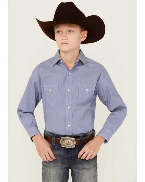 Image #1 - Rough Stock by Panhandle Boys' Striped Long Sleeve Pearl Snap Stretch Western Shirt , Blue, hi-res
