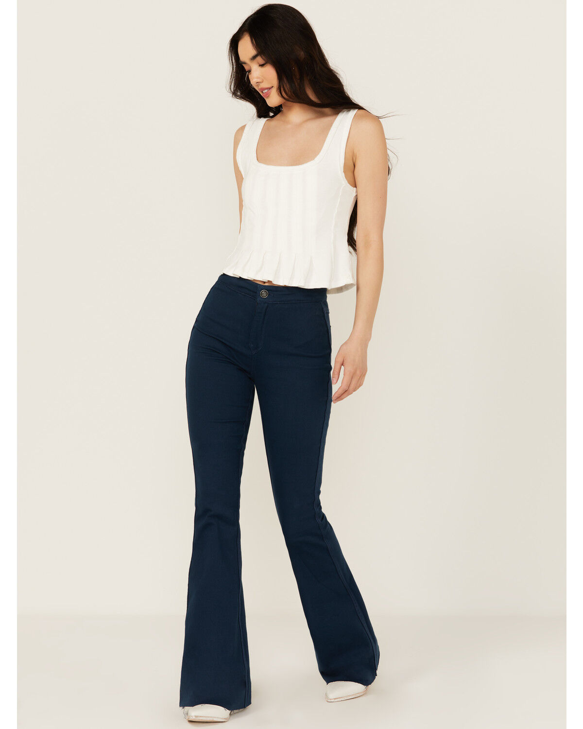 Image #2 - Rock & Roll Denim Women's High Rise Reversible Button Flare Stretch Denim Jeans, Navy, hi-res