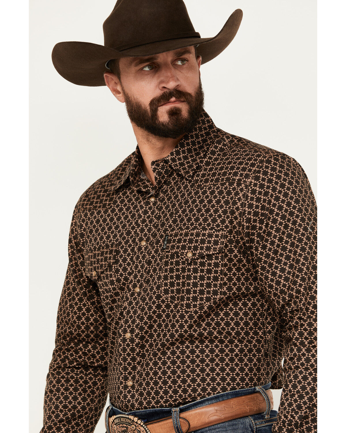 Image #2 - Cinch Men's Southwestern Geo Print Long Sleeve Snap Shirt, Dark Brown, hi-res