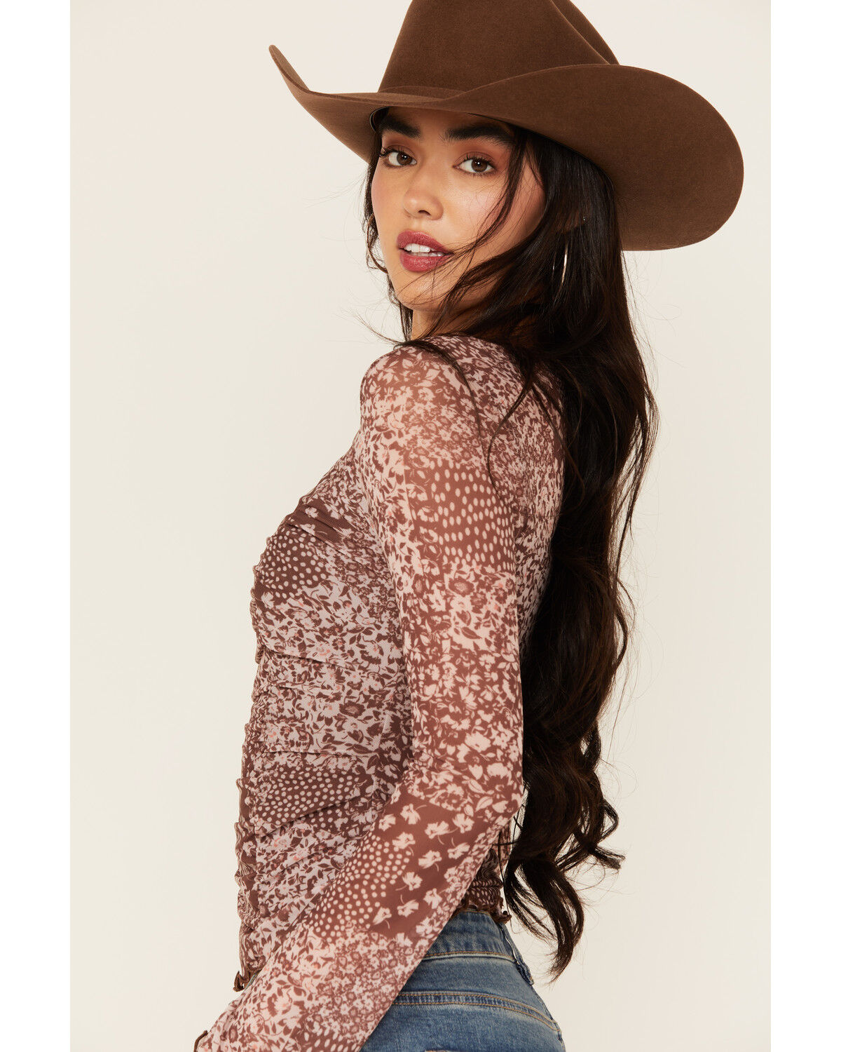 Image #2 - Trixxi Women's Floral Mesh Long Sleeve Seamed Top, Brown, hi-res