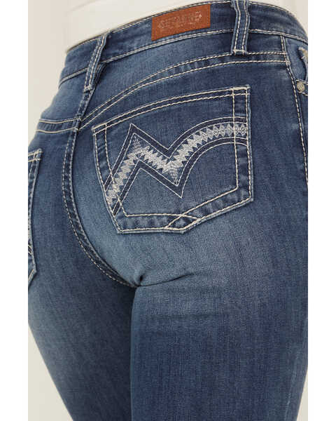 Image #4 - Shyanne Women's Dark Wash Mid Embroidered Scoop Pocket Flare Jeans, Dark Medium Wash, hi-res