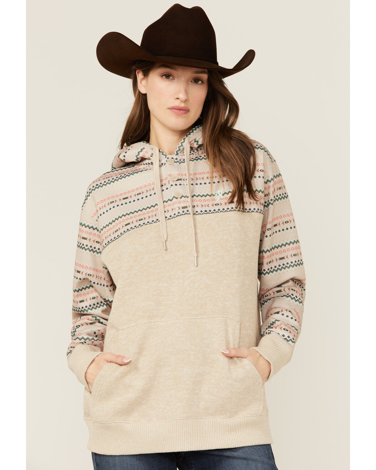 Image #1 - Hooey Women's Striped Trim Hooded Pullover, Cream, hi-res