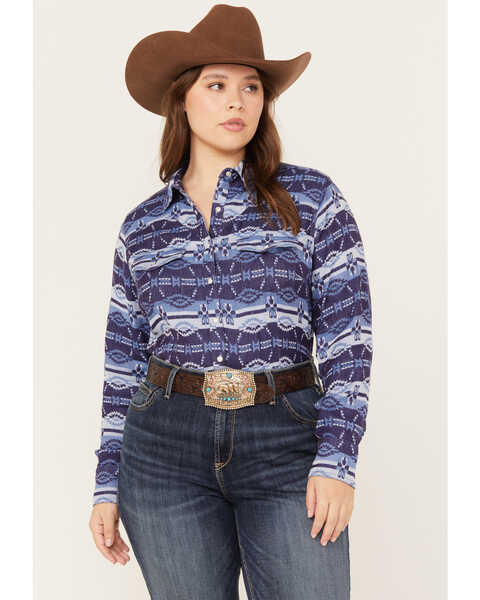 Image #1 - Ariat Women's R.E.A.L. Southwestern Oceanic Print Long Sleeve Western Pearl Snap Shirt - Plus, Blue, hi-res