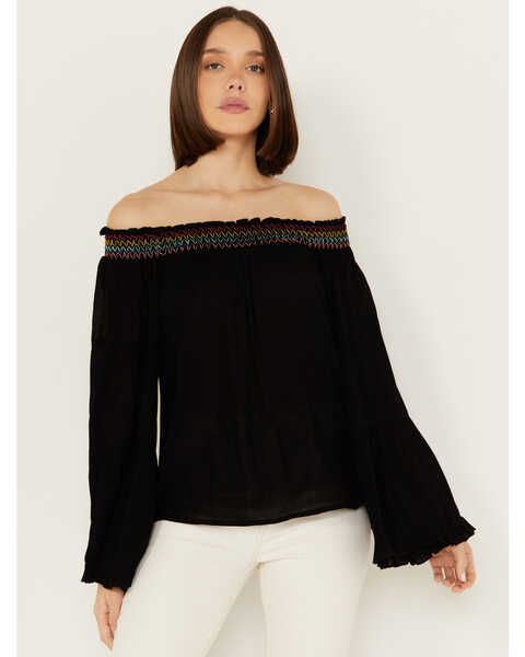 Panhandle Women's Embroidered Off the Shoulder Long Sleeve Top, Black, hi-res