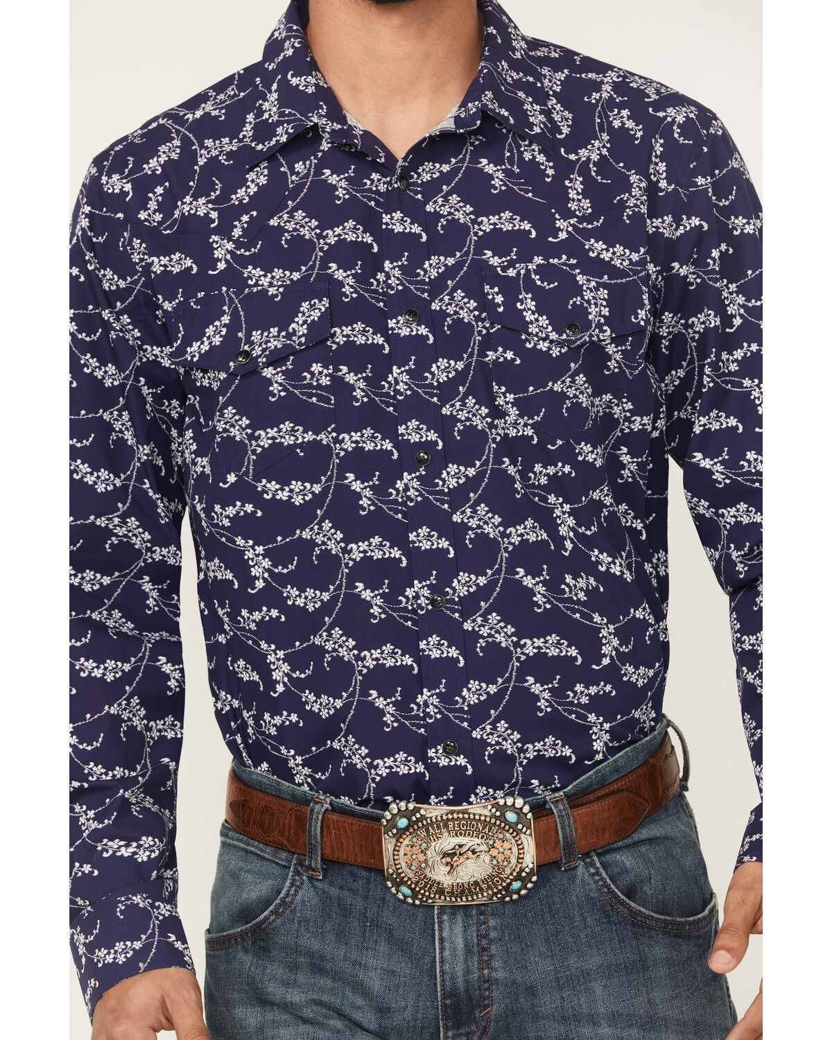 Image #3 - Gibson Trading Co Men's Blossom Floral Print Long Sleeve Snap Western Shirt, Navy, hi-res