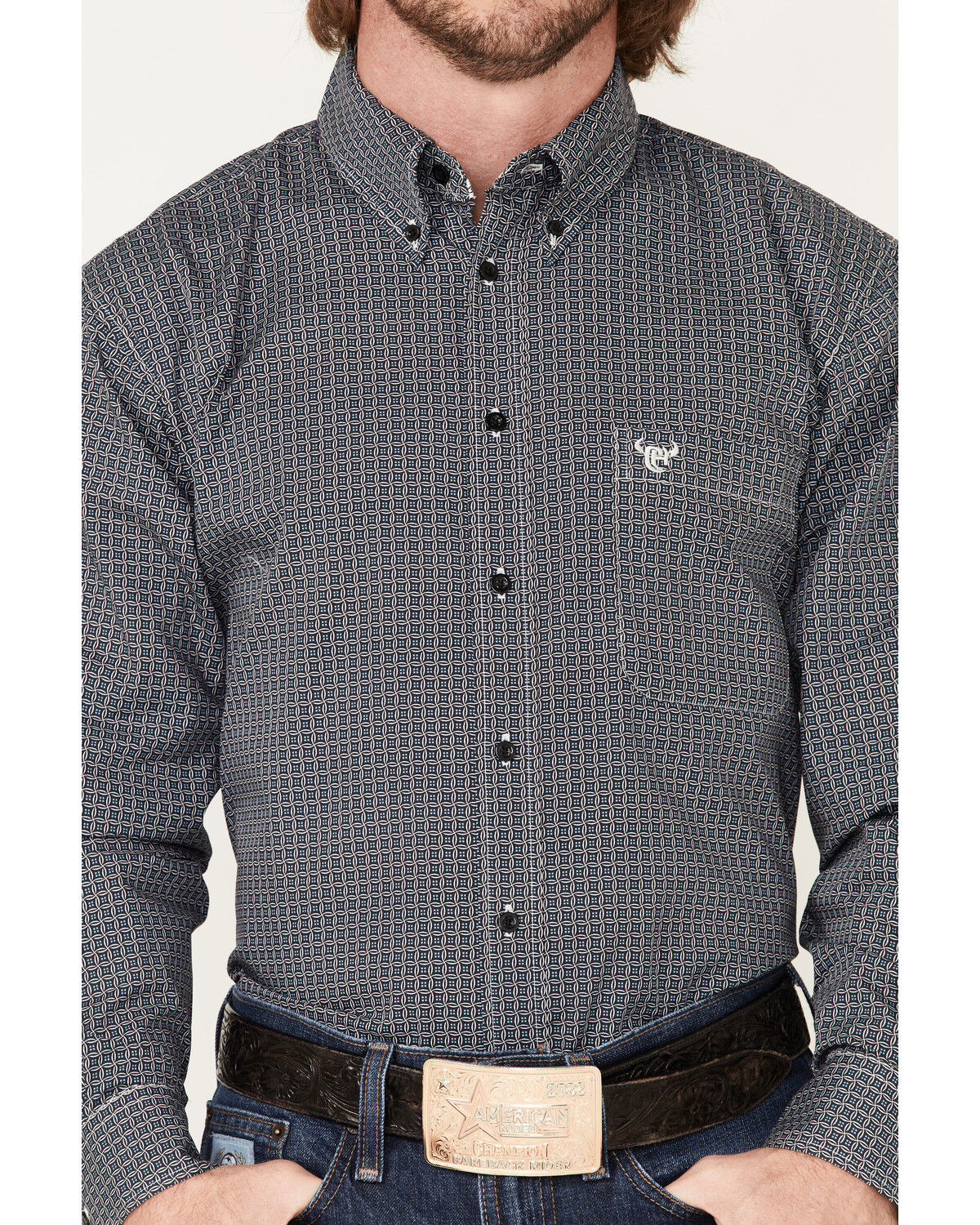 Image #3 - Cowboy Hardware Men's Wavy Square Geo Print Button Down Western Shirt, Navy, hi-res