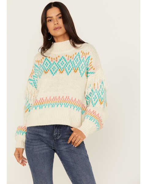 Rock & Roll Denim Women's Southwestern Fringe Mock Turtleneck Sweater , Cream, hi-res