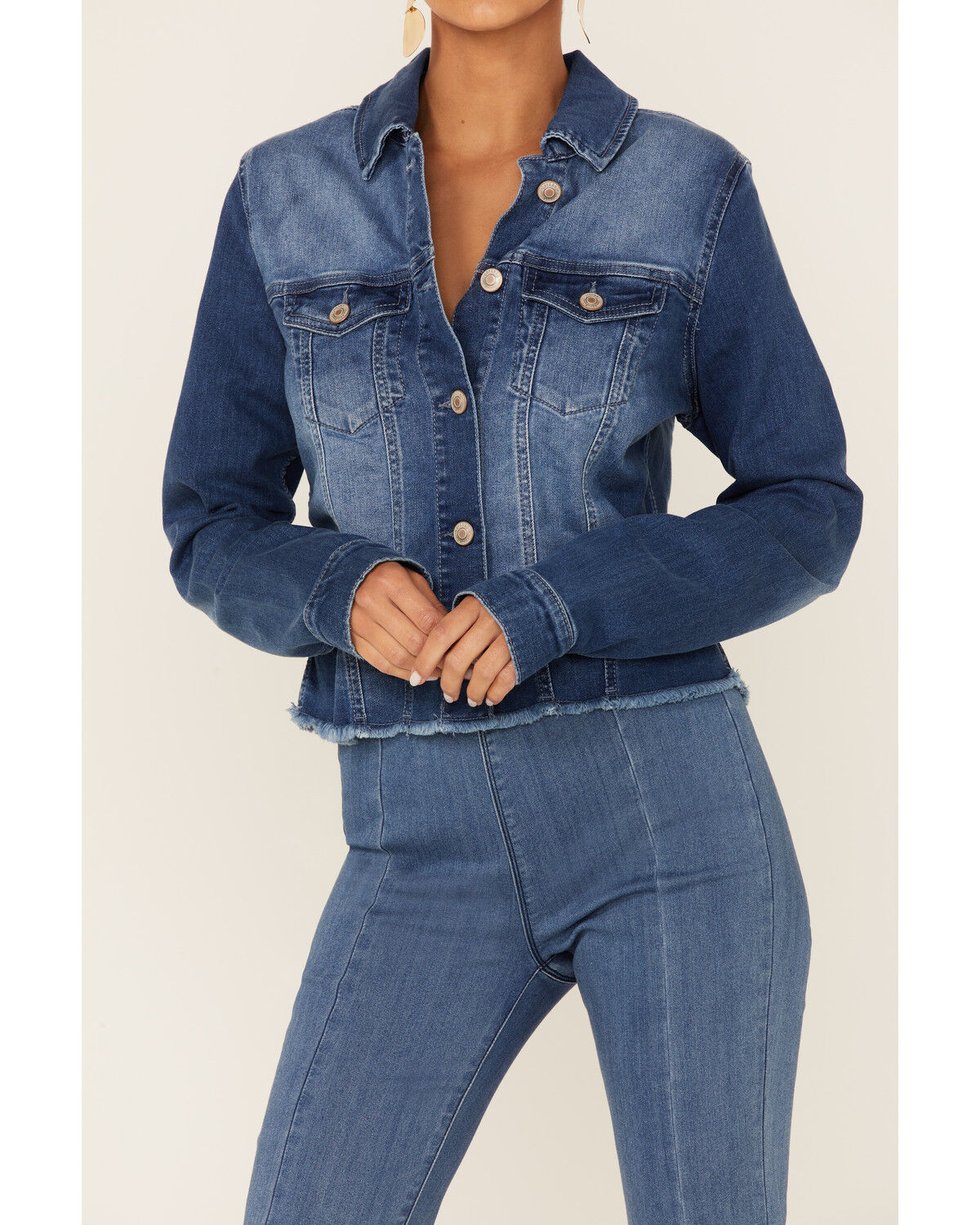 Image #3 - Shyanne Women's Cali Medium Wash Fray Hem Button Down Crop Denim Jacket, Medium Blue, hi-res