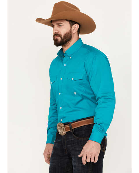 Image #2 - Roper Men's Amarillo Solid Long Sleeve Stretch Button Down Western Shirt, Teal, hi-res