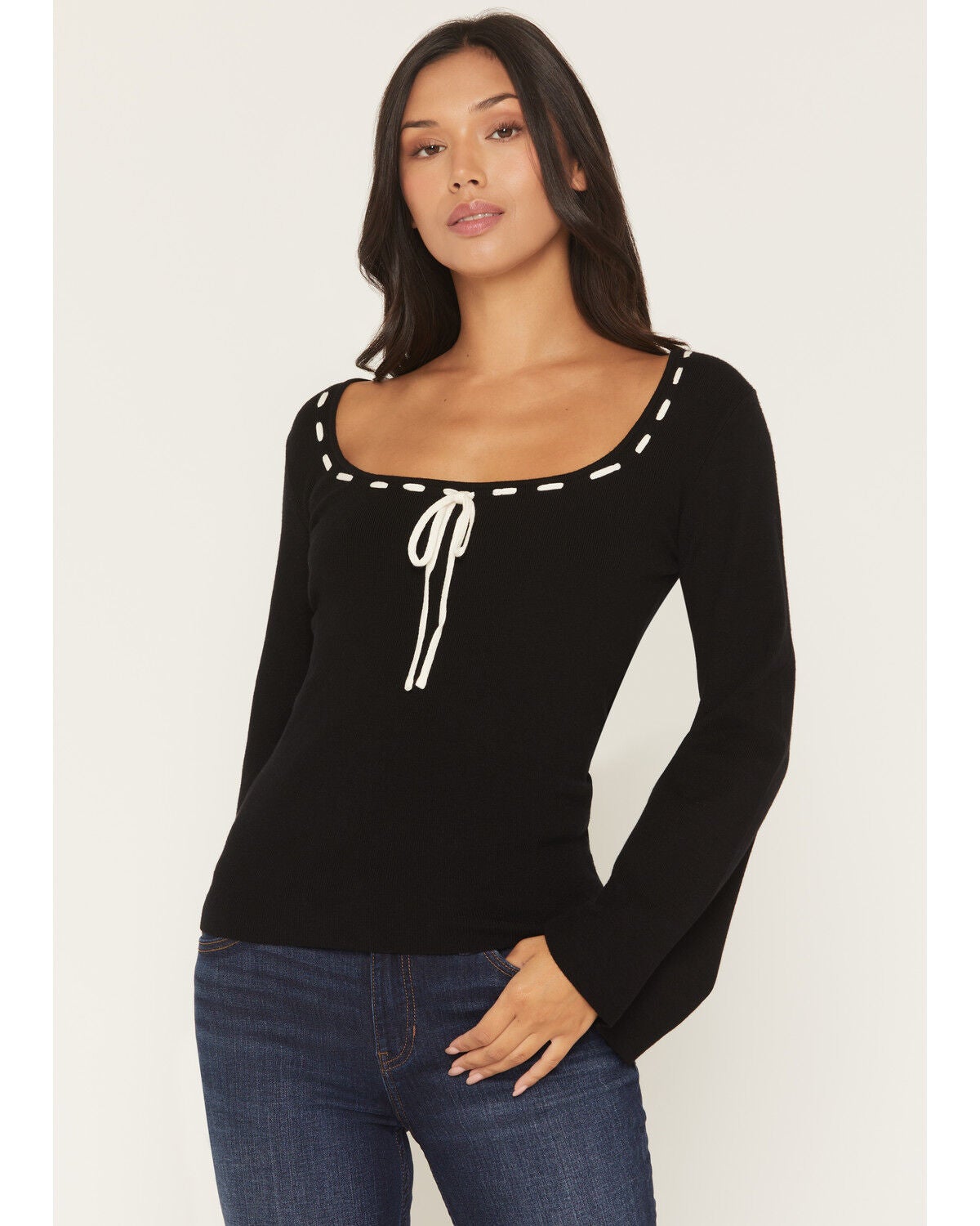 Originality Women's Solid Flared Long Sleeve Sweater, Black, hi-res