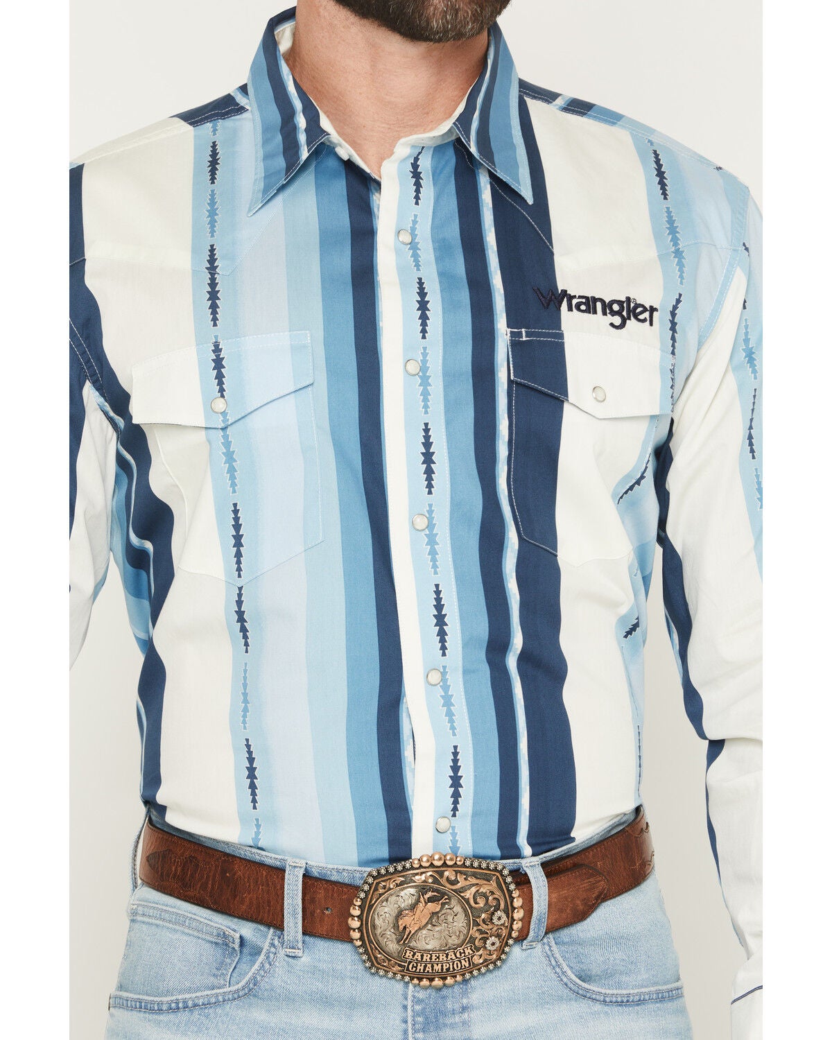 Image #3 - Wrangler Men's Logo Striped Long Sleeve Snap Western Shirt, Blue, hi-res
