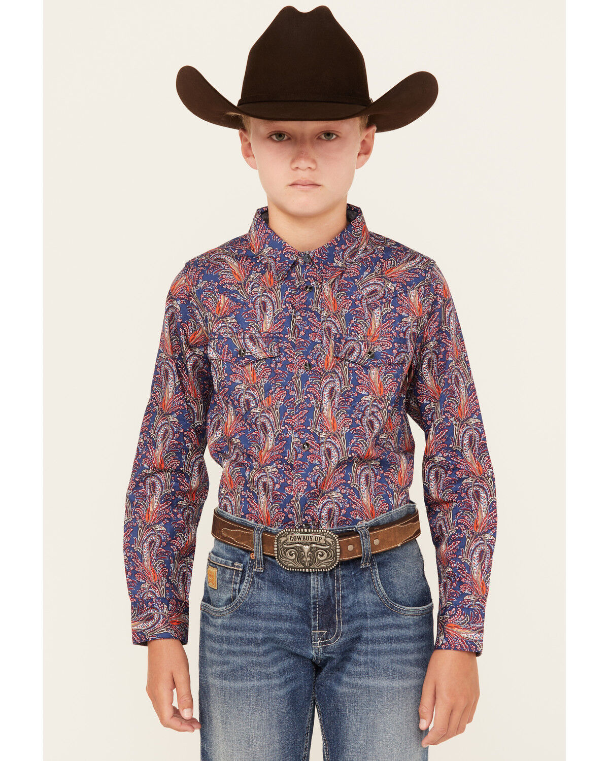 Image #1 - Cody James Boys' Jefferson Printed Long Sleeve Snap Western Shirt, Navy, hi-res