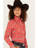 Image #2 - Panhandle Girls' Striped Cowboy Print Long Sleeve Pearl Snap Western Shirt, Red, hi-res