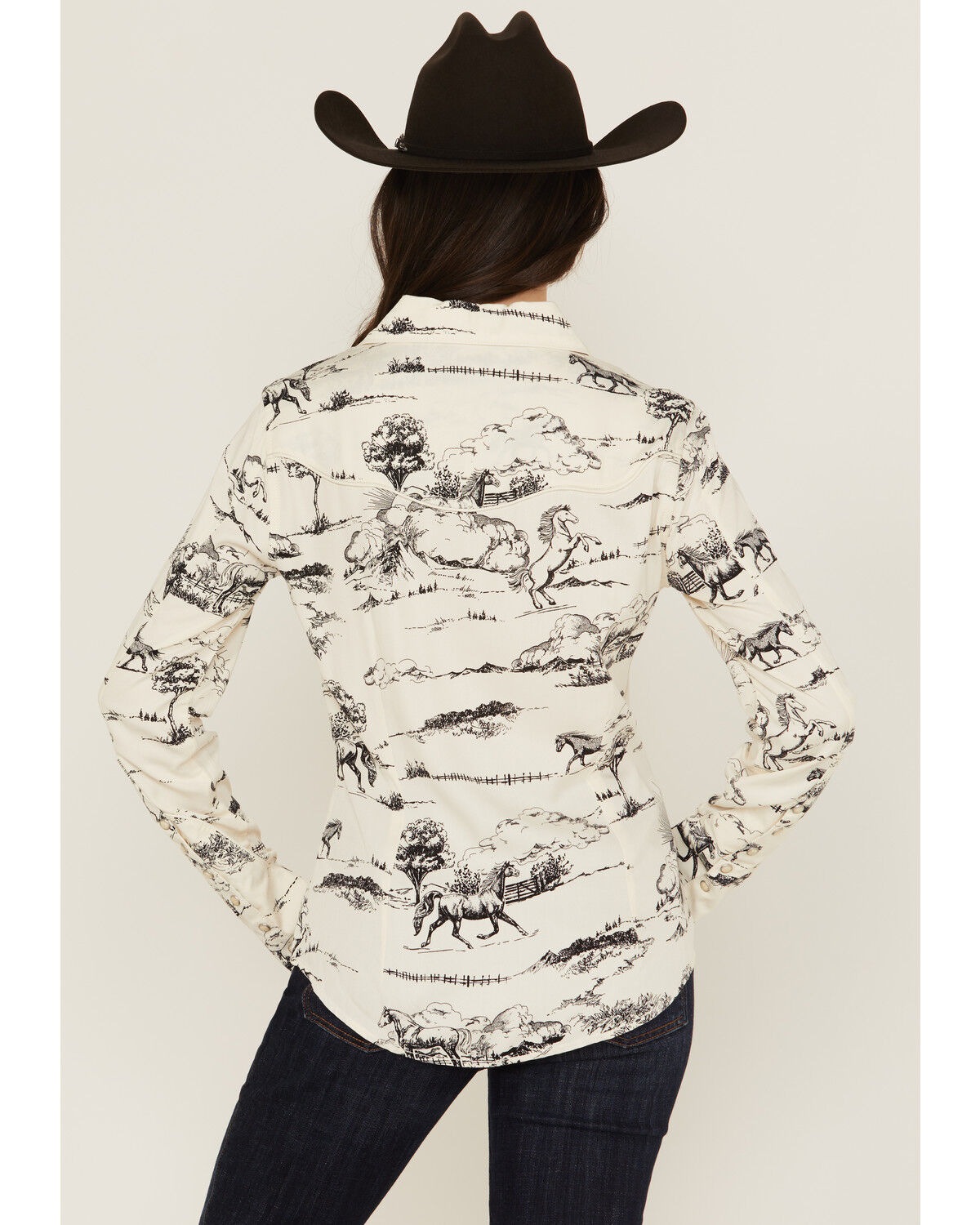 Image #4 - Wrangler x Lainey Wilson Women's Landscape Print Long Sleeve Snap Western Shirt, Cream, hi-res