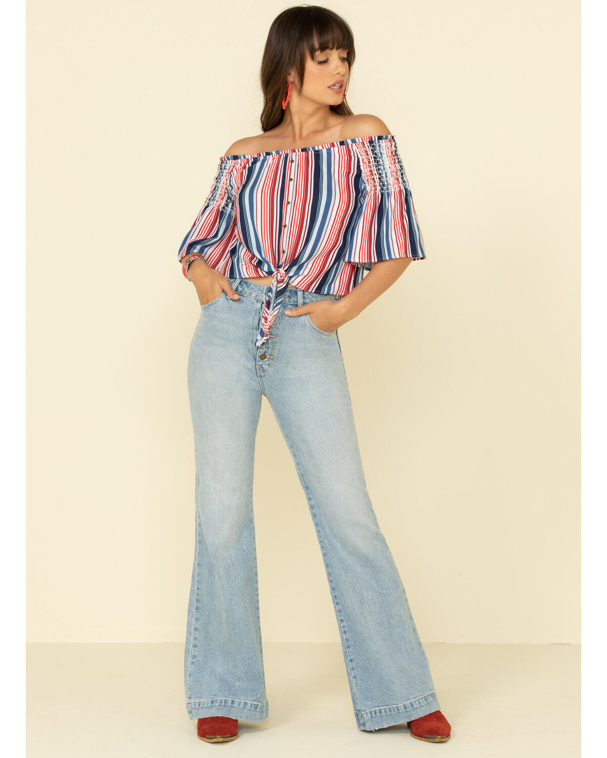 Image #3 - Rock & Roll Denim Women's Americana Stripe Off Shoulder Crop Top, , hi-res