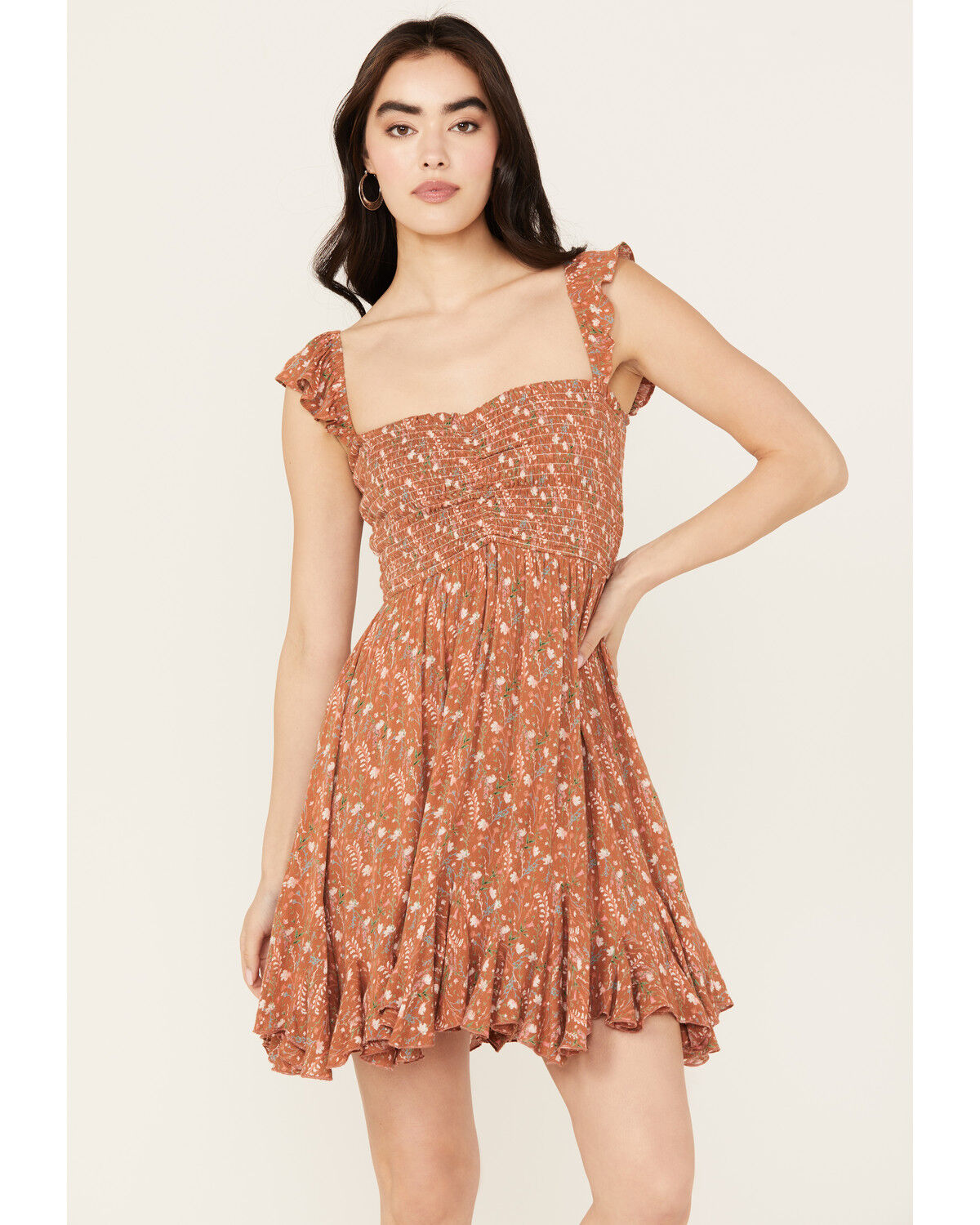Image #1 - Rock & Roll Denim Women's Floral Print Mini Dress, Brown, hi-res