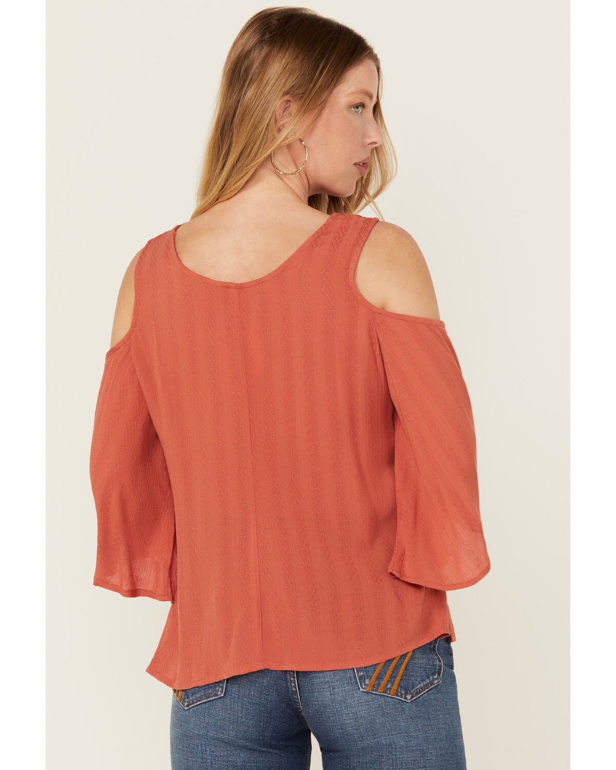 Image #4 - Shyanne Women's Solid Crochet Trim Cold Shoulder Shirt, Dark Pink, hi-res