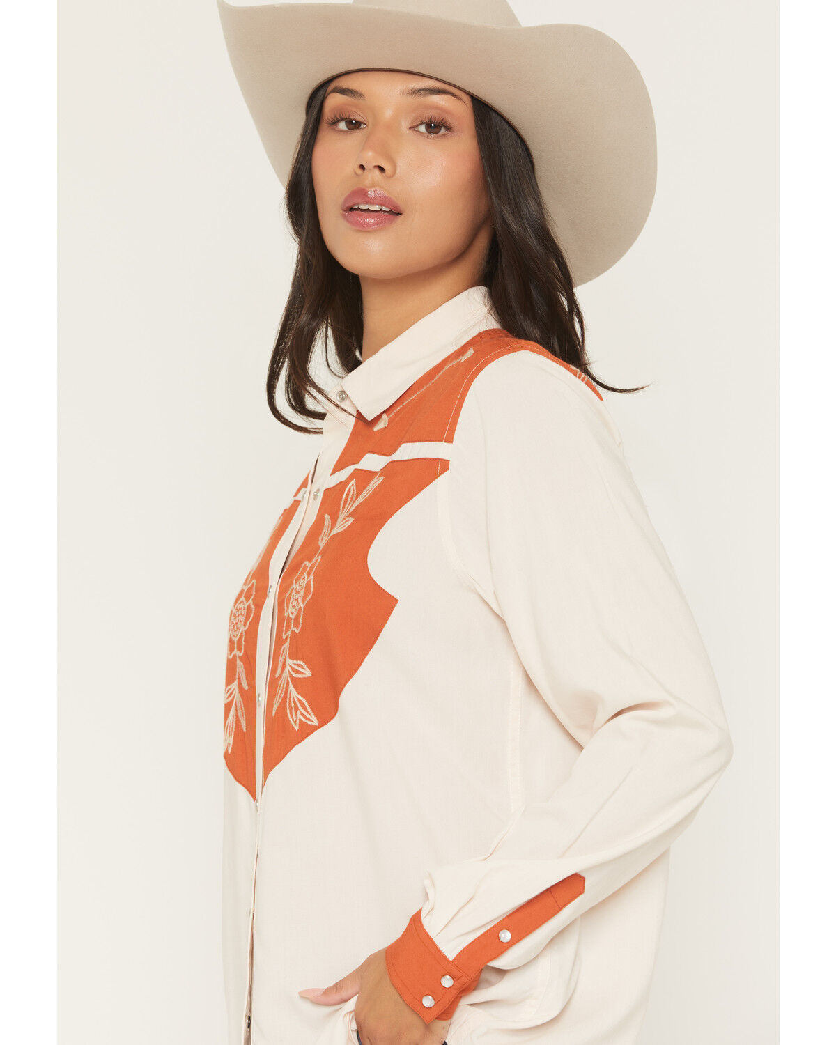 Image #2 - Panhandle Slim Women's Floral Embroidery Long Sleeve Snap Western Shirt, Beige, hi-res