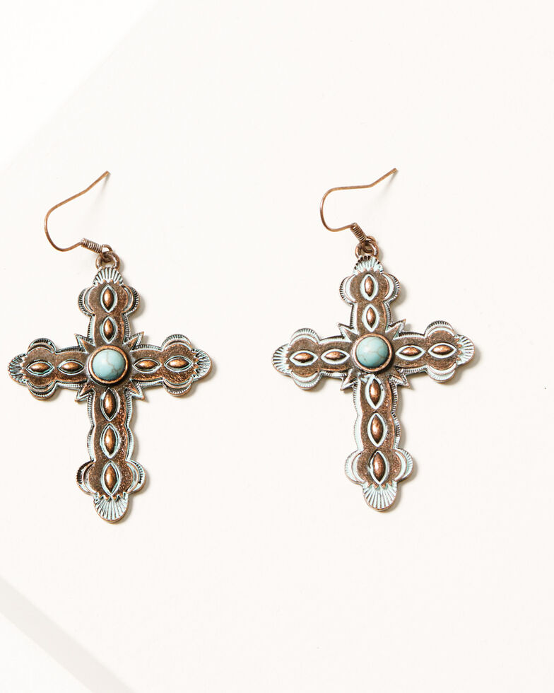Shyanne Women's Bronze & Turquoise Dangle Cross Earrings, Rust Copper, hi-res