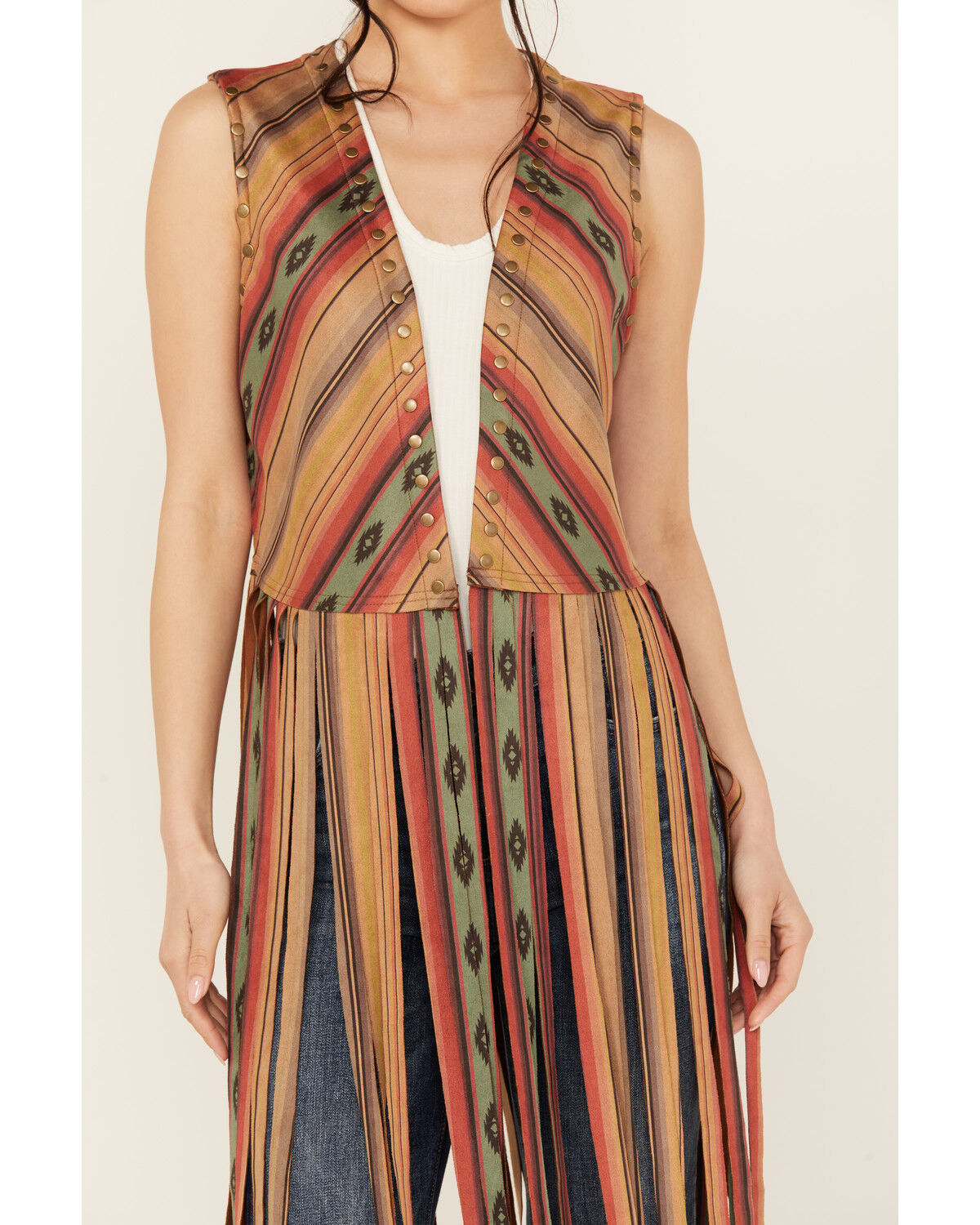 Image #3 - Scully Women's Serape Striped Print Fringe Vest, Tan, hi-res