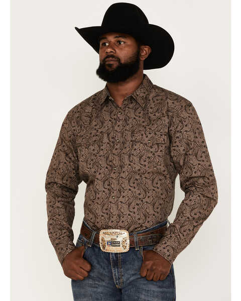 Image #1 - Cody James Men's Linear Paisley Print Long Sleeve Snap Western Shirt, Brown, hi-res