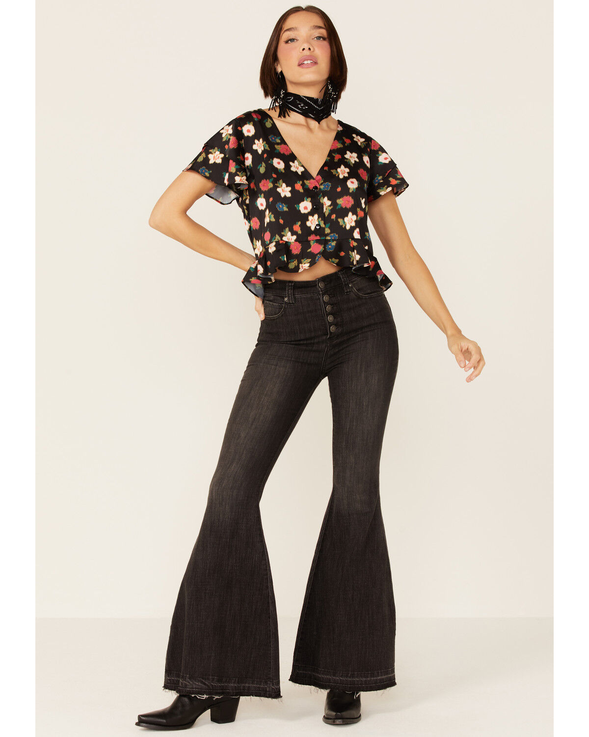 Image #4 - Beyond The Radar Women's Floral Satin Button Front Blouse, Black, hi-res