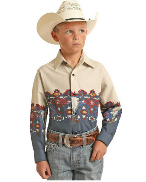Panhandle Boys' Southwestern Steer Head Long Sleeve Shirt, Tan, hi-res