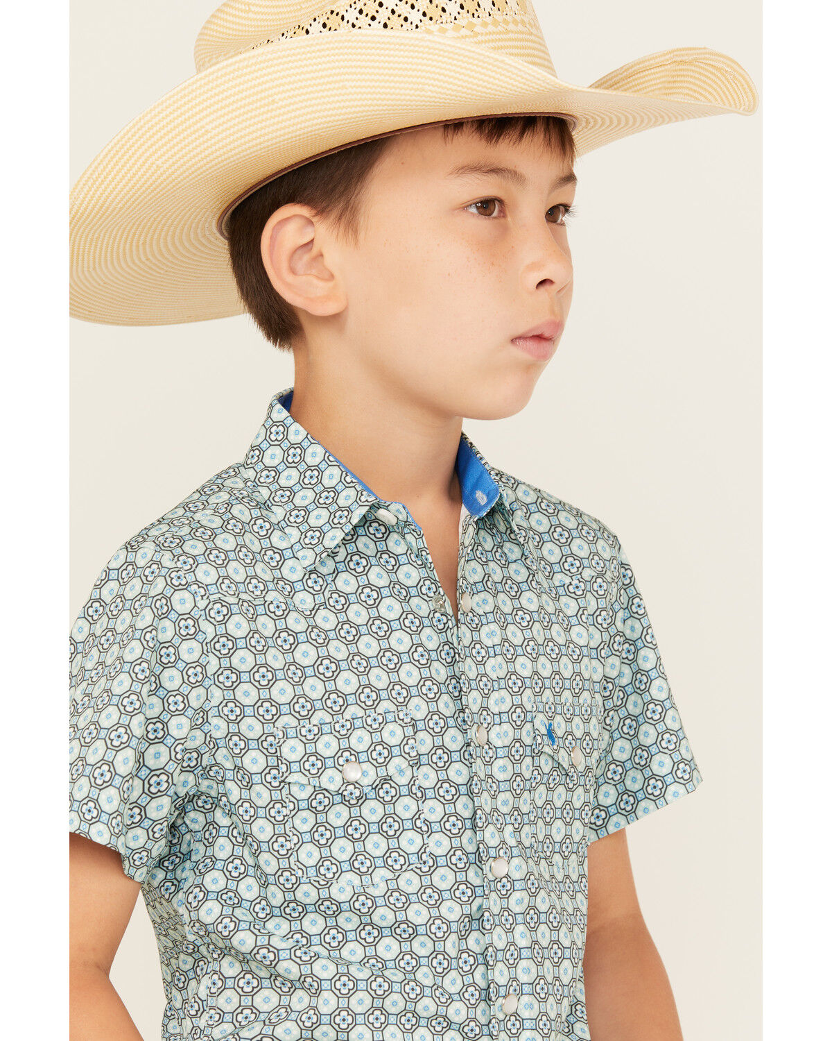 Image #2 - Rodeo Clothing Boys' Medallion Print Short Sleeve Pearl Snap Western Shirt, Teal, hi-res