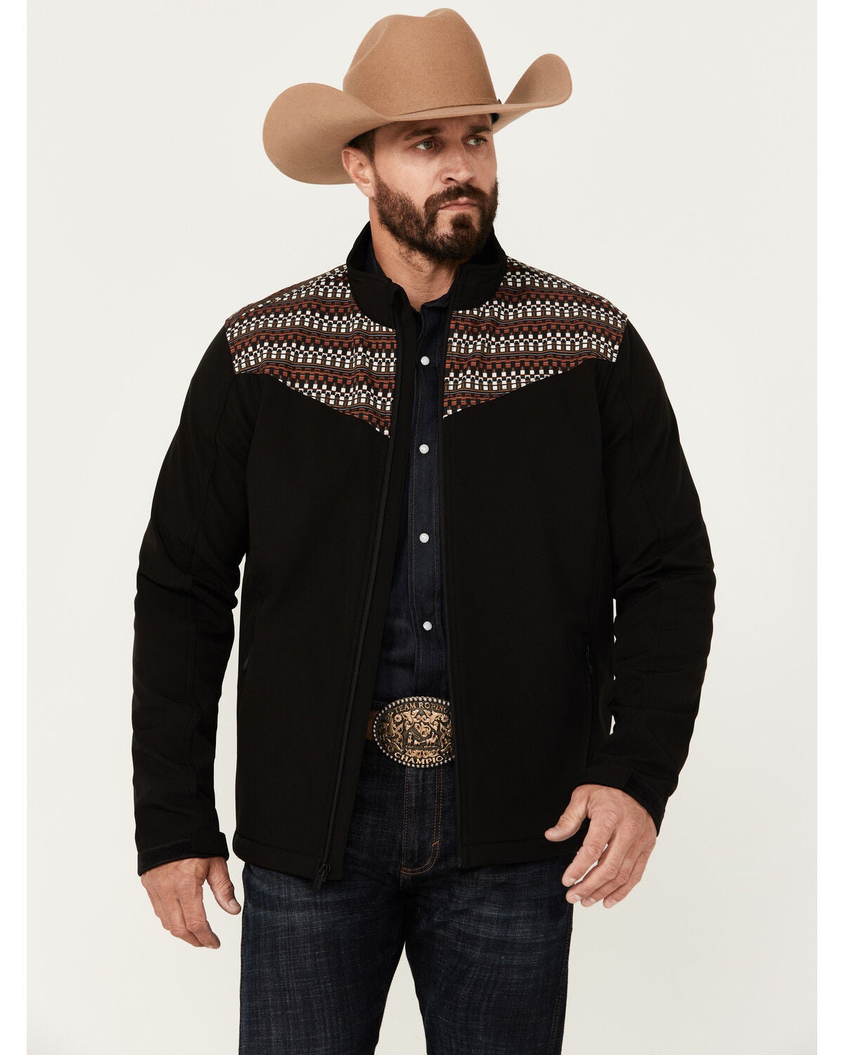 RANK 45&reg; Men's Geo Print Yoke Softshell Jacket, Black, hi-res