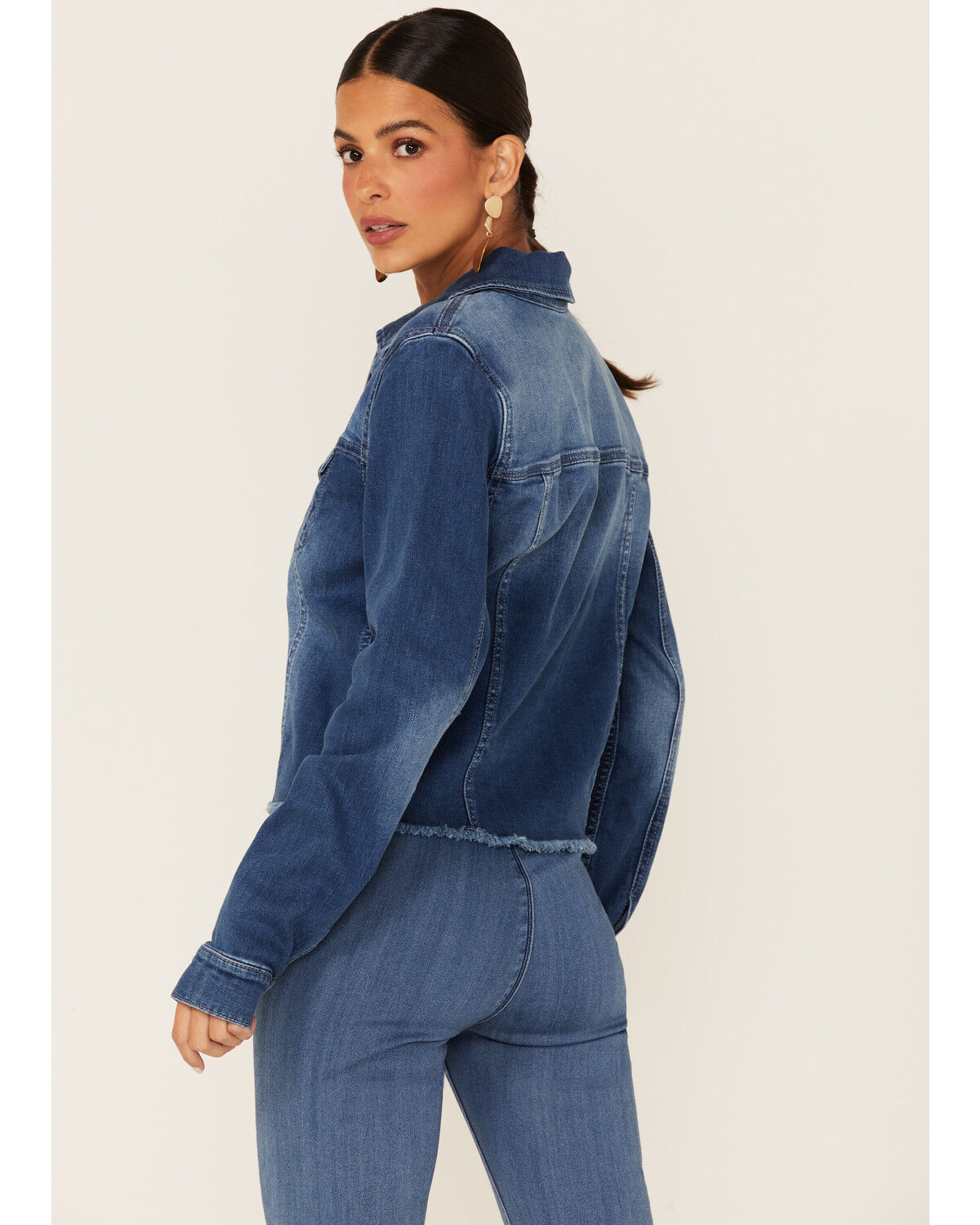 Image #4 - Shyanne Women's Cali Medium Wash Fray Hem Button Down Crop Denim Jacket, Medium Blue, hi-res