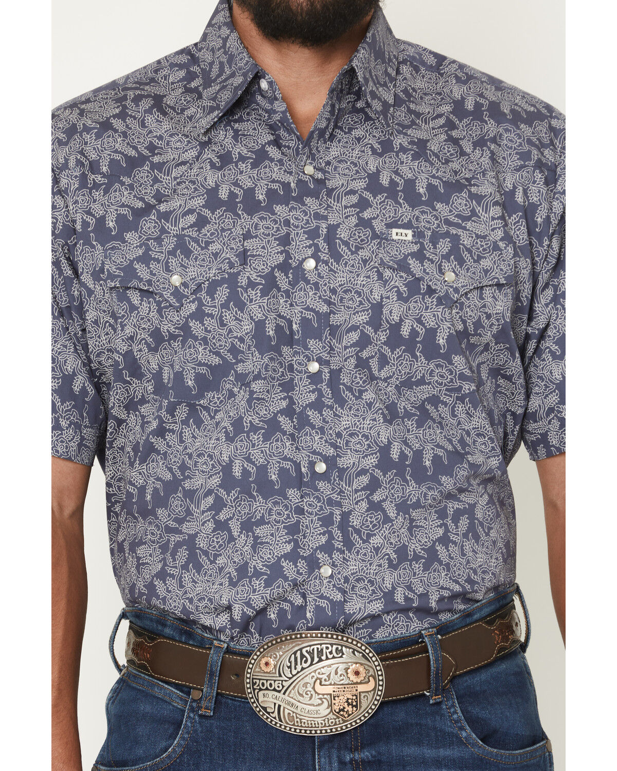 Image #3 - Ely Walker Men's Floral Print Short Sleeve Pearl Snap Western Shirt, Navy, hi-res