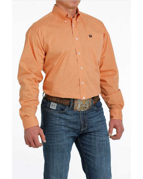 Cinch Men's Geo Print Long Sleeve Button-Down Stretch Western Shirt, Orange, hi-res