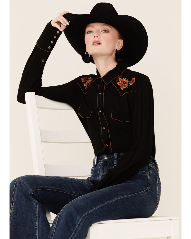 Stetson Women's Black Embroidered Floral Western Shirt, Black, hi-res