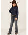 Wrangler Girls' Dark Wash Embroidered Long Sleeve Western Denim Snap Shirt, Blue, hi-res