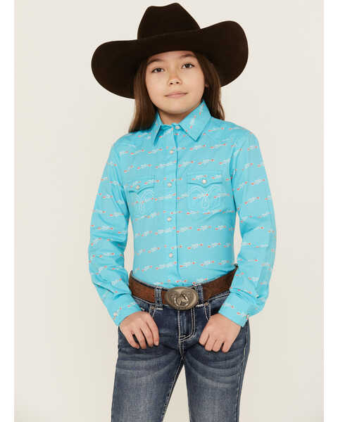 Image #1 - Panhandle Girls' Rodeo Arrow Print Long Sleeve Pearl Snap Western Shirt , Turquoise, hi-res