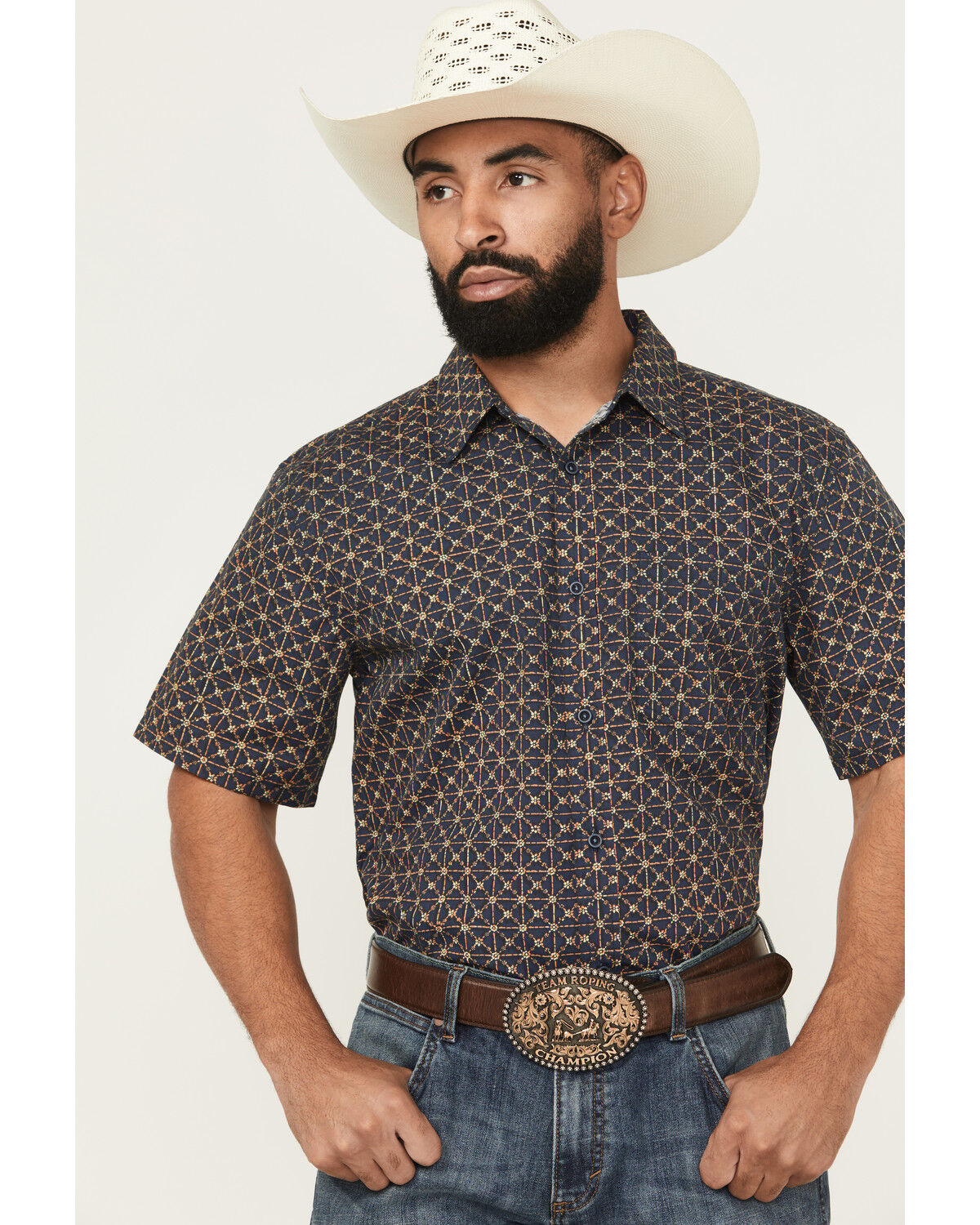Image #1 - Gibson Trading Co Men's Aviara Geo Print Short Sleeve Button-Down Stretch Western Shirt, Navy, hi-res