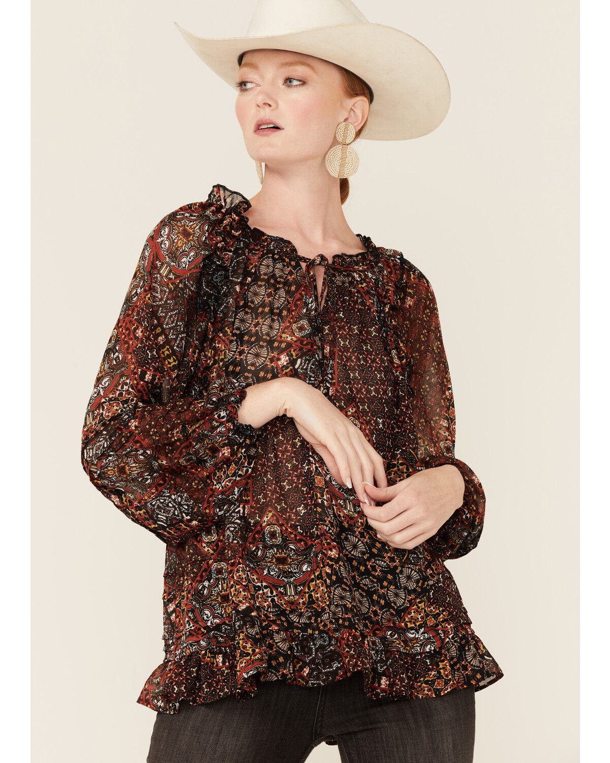 Image #1 - Miss Me Women's Boho Paisley Peasant Top, Black, hi-res