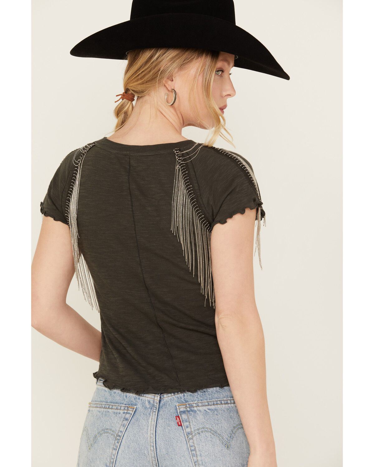 Image #4 - Free People Women's Shoulder Tassel Short Sleeve Tee, Grey, hi-res
