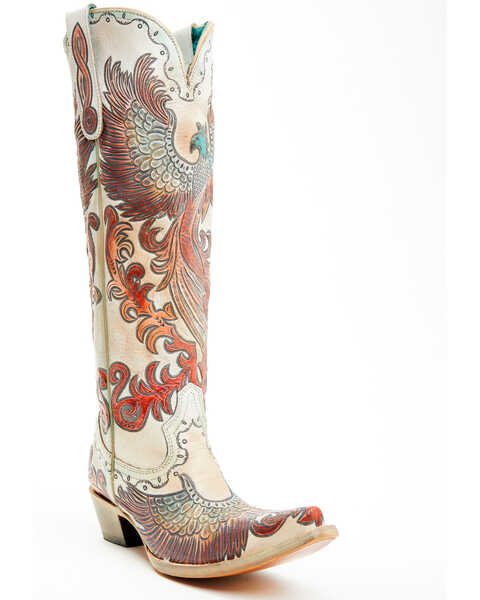 Corral Women's Fire Phoenix Hand Tooled And Painted Tall Western Boots - Snip Toe , White, hi-res