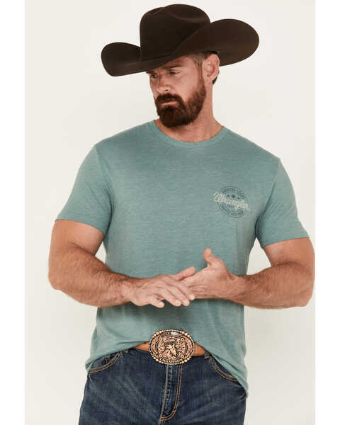 Image #1 - Wrangler Men's Boot Barn Exclusive Stamped Logo Short Sleeve Graphic T-Shirt, Green, hi-res