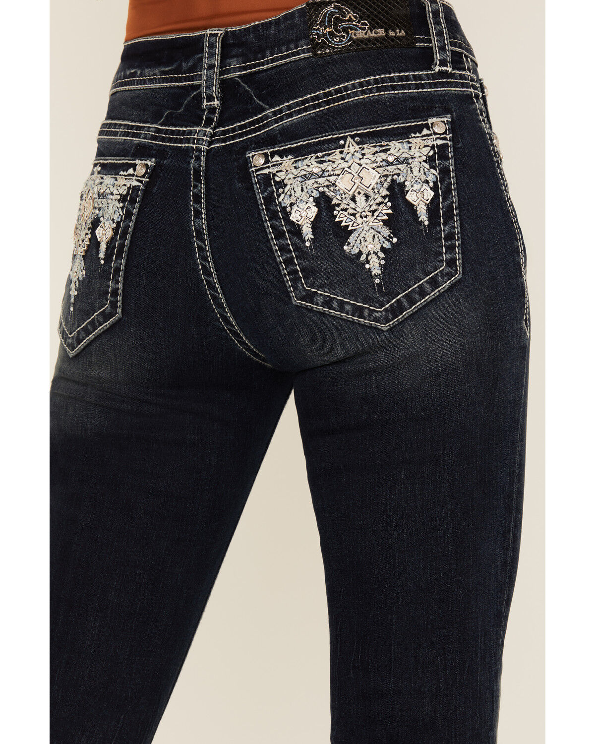 Image #2 - Grace In LA Women's Dark Wash Geo Print Embroidered Mid Rise Bootcut Stretch Denim Jeans, Dark Wash, hi-res