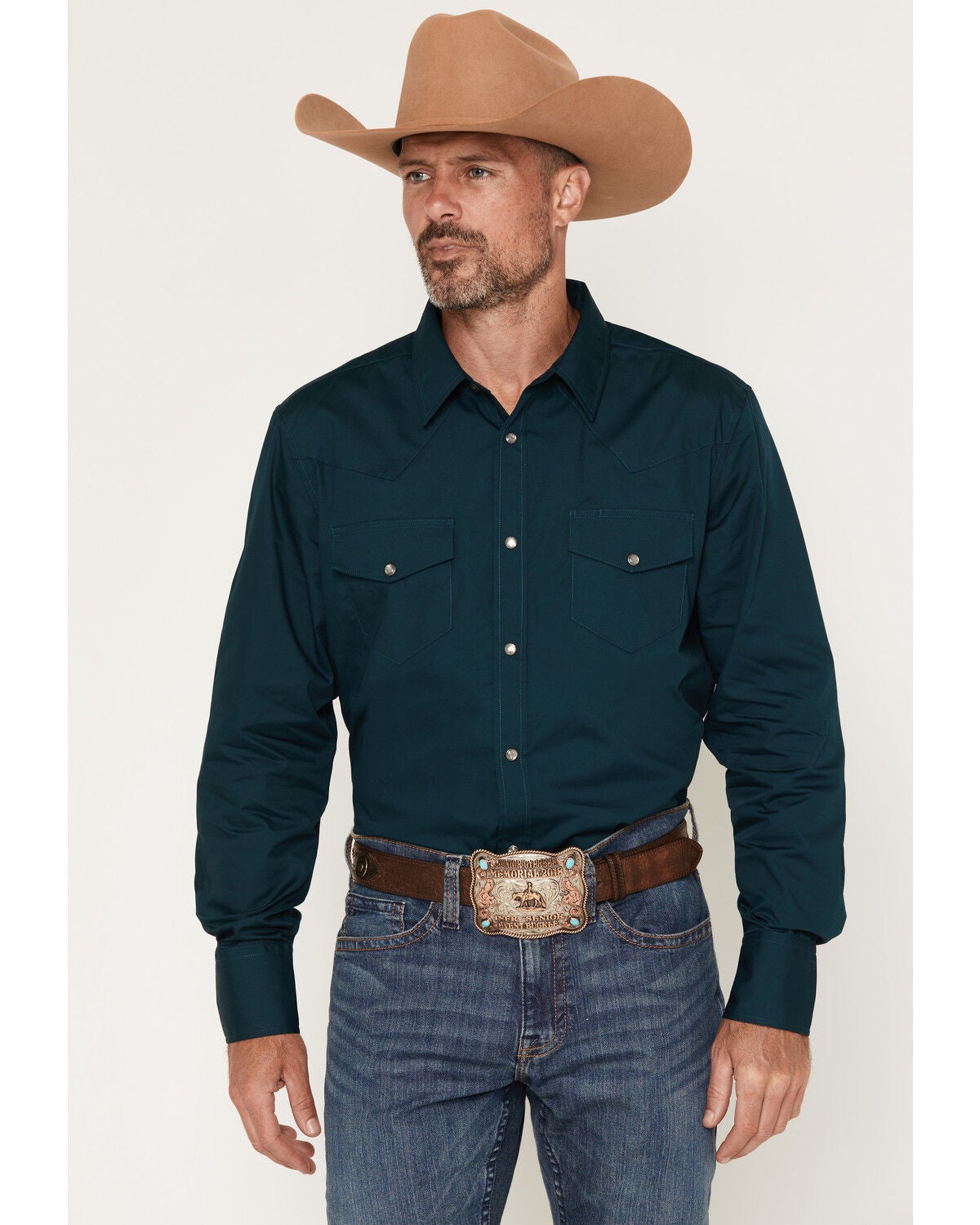 Gibson Trading Co Men's Basic Solid Long Sleeve Pearl Snap Western Shirt, Dark Teal, hi-res
