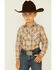 Roper Boys' Plaid Print Long Sleeve Pearl Snap Western Shirt , Orange, hi-res