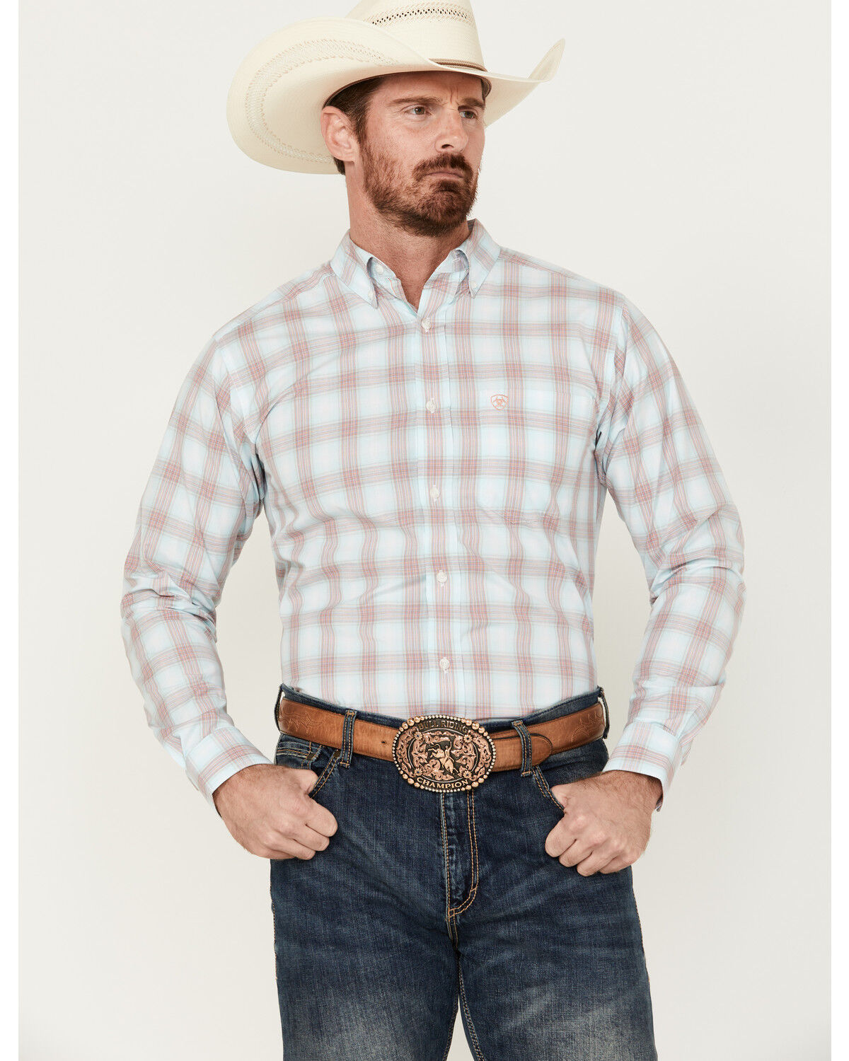 Image #1 - Ariat Men's Pro Series King Plaid Print Long Sleeve Button-Down Western Shirt, Light Blue, hi-res