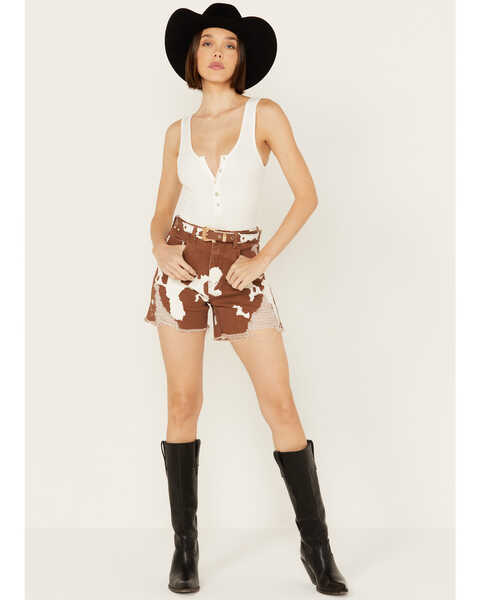 Image #1 - Blue B Women's High Rise Cow Print Belted Shorts , Brown, hi-res
