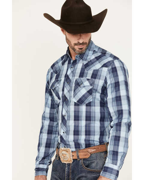 Image #2 - Wrangler Men's Plaid Print Long Sleeve Snap Western Shirt, Blue, hi-res
