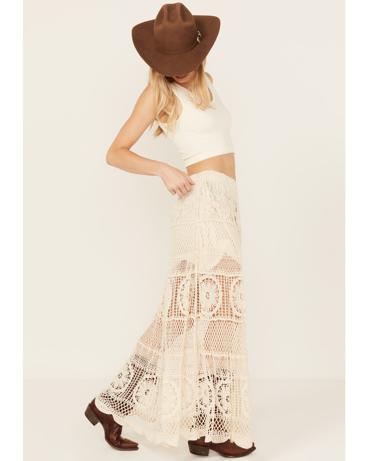 Image #3 - POL Women's Floral Crochet Maxi Skirt, Natural, hi-res